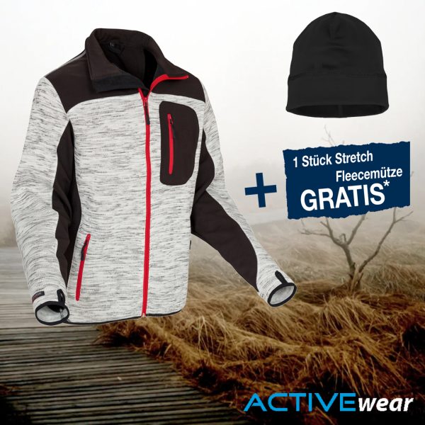 Strick-Softshell Jacke IMST mit Brusttasche + Stretch-Fleecemütze schwarz