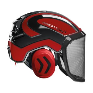 PROTOS Forest Schutzhelm | Forsthelm mit Visier & Gehörschutz | schwarz/rot